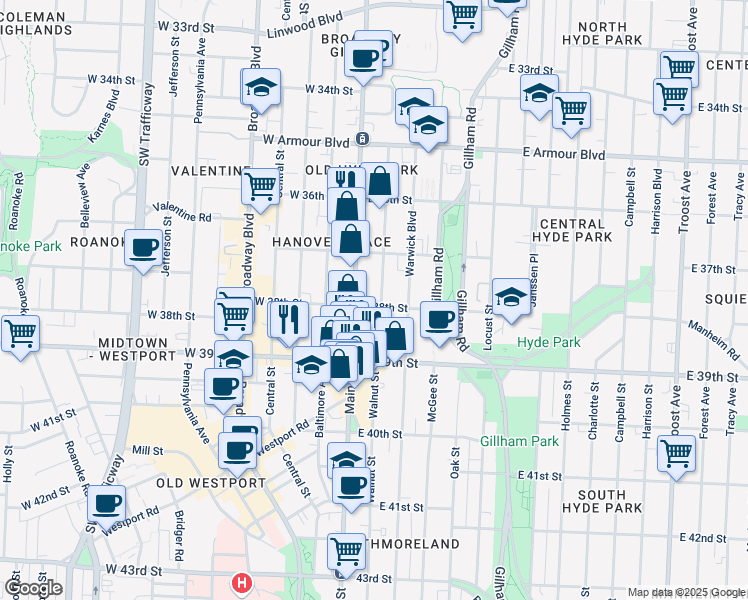 map of restaurants, bars, coffee shops, grocery stores, and more near 3745 Main Street in Kansas City