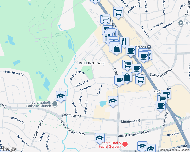 map of restaurants, bars, coffee shops, grocery stores, and more near 289 Congressional Lane in Rockville
