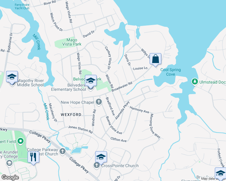 map of restaurants, bars, coffee shops, grocery stores, and more near 360 Broadwater Road in Arnold