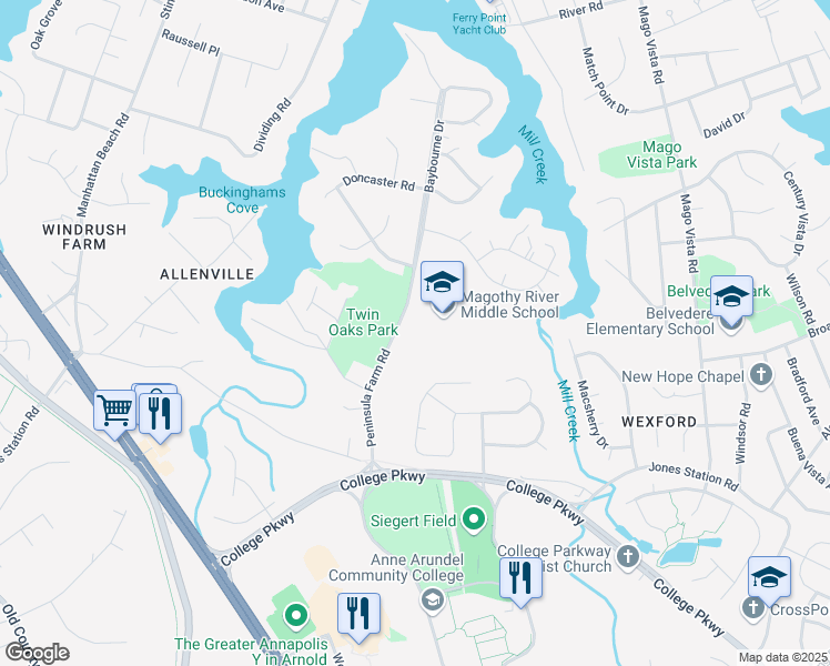 map of restaurants, bars, coffee shops, grocery stores, and more near 241 Peninsula Farm Road in Arnold