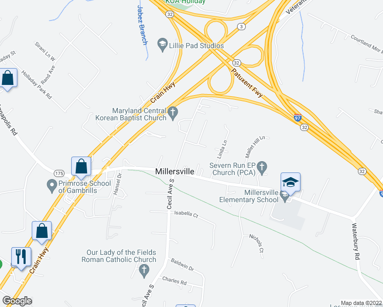 map of restaurants, bars, coffee shops, grocery stores, and more near 899 Cecil Avenue in Millersville