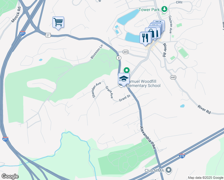 map of restaurants, bars, coffee shops, grocery stores, and more near 205 Grant Street in Fort Thomas