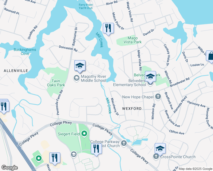 map of restaurants, bars, coffee shops, grocery stores, and more near 778 Macsherry Drive in Arnold