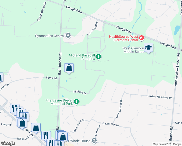 map of restaurants, bars, coffee shops, grocery stores, and more near 7000 Midland Boulevard in Amelia