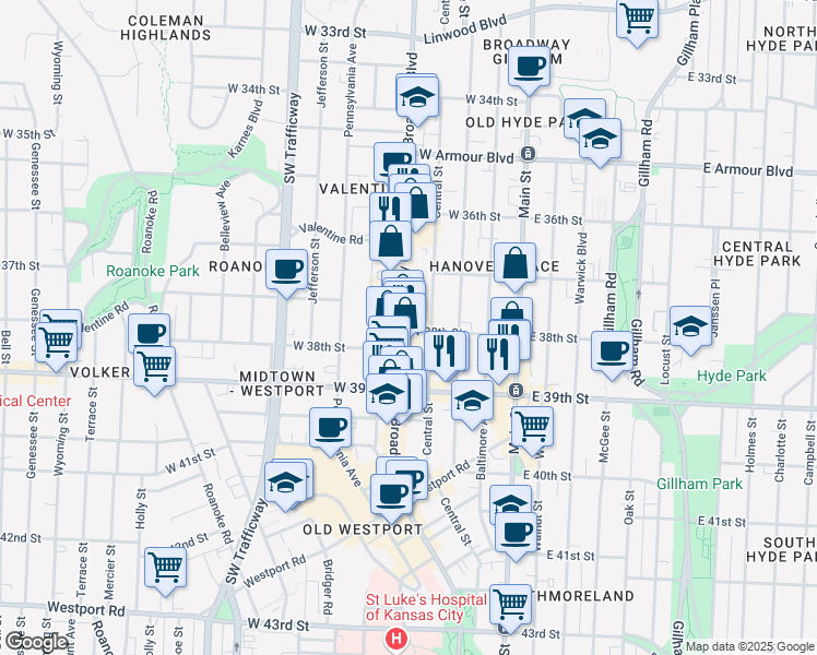 map of restaurants, bars, coffee shops, grocery stores, and more near in Kansas City