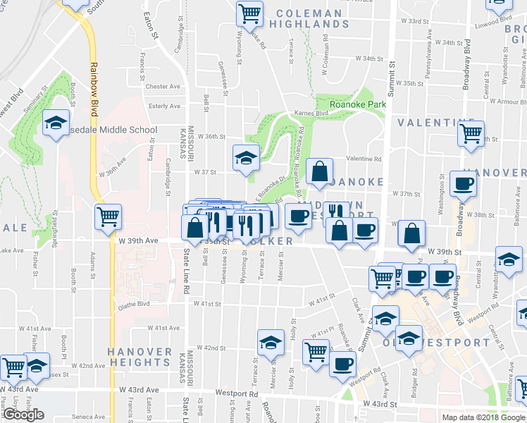 map of restaurants, bars, coffee shops, grocery stores, and more near 2600 Terrace Street in Kansas City