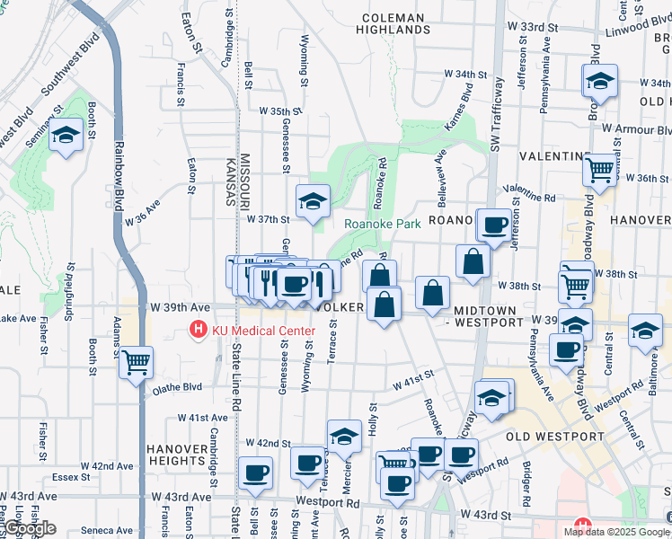 map of restaurants, bars, coffee shops, grocery stores, and more near 2600 Terrace Street in Kansas City