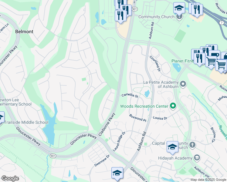 map of restaurants, bars, coffee shops, grocery stores, and more near 43774 Crooked Stick Terrace in Ashburn
