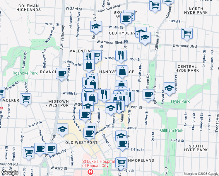 map of restaurants, bars, coffee shops, grocery stores, and more near 3739 Wyandotte Street in Kansas City