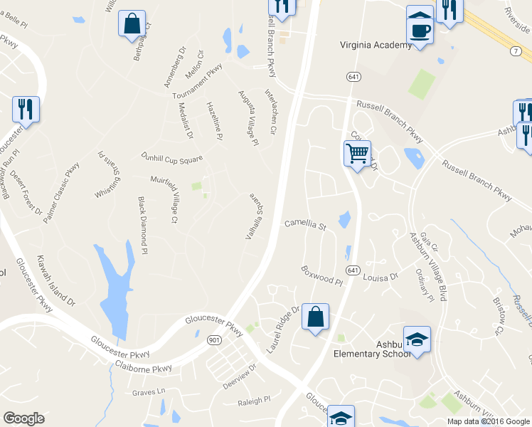 map of restaurants, bars, coffee shops, grocery stores, and more near 43774 Crooked Stick Terrace in Ashburn