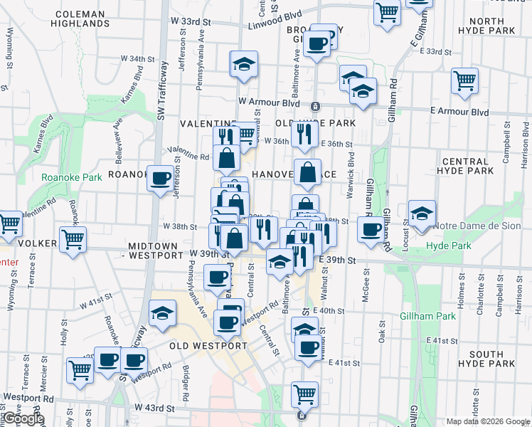 map of restaurants, bars, coffee shops, grocery stores, and more near 3740 Wyandotte Street in Kansas City