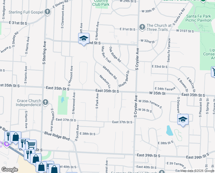 map of restaurants, bars, coffee shops, grocery stores, and more near 12124 Newbury Lane in Independence