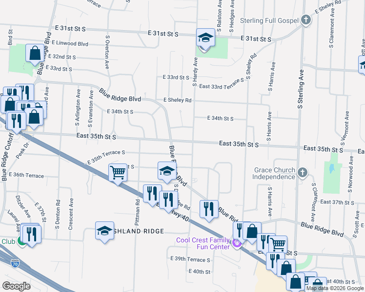 map of restaurants, bars, coffee shops, grocery stores, and more near 3509 Blue Ridge Boulevard in Independence