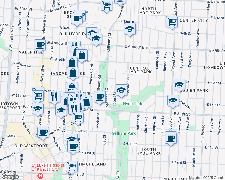map of restaurants, bars, coffee shops, grocery stores, and more near 3745 Gillham Road in Kansas City