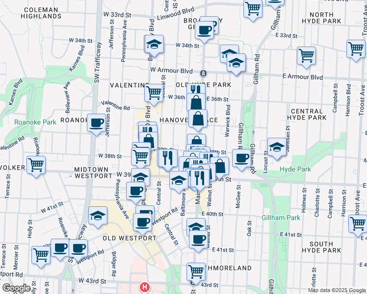 map of restaurants, bars, coffee shops, grocery stores, and more near 25 West 38th Street in Kansas City