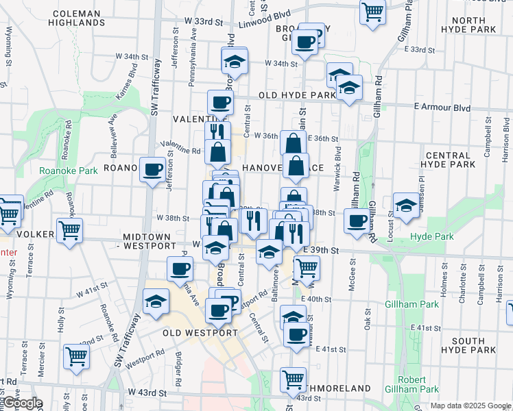 map of restaurants, bars, coffee shops, grocery stores, and more near 3744 Wyandotte Street in Kansas City