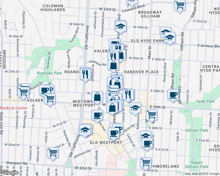 map of restaurants, bars, coffee shops, grocery stores, and more near 3782 Washington Street in Kansas City
