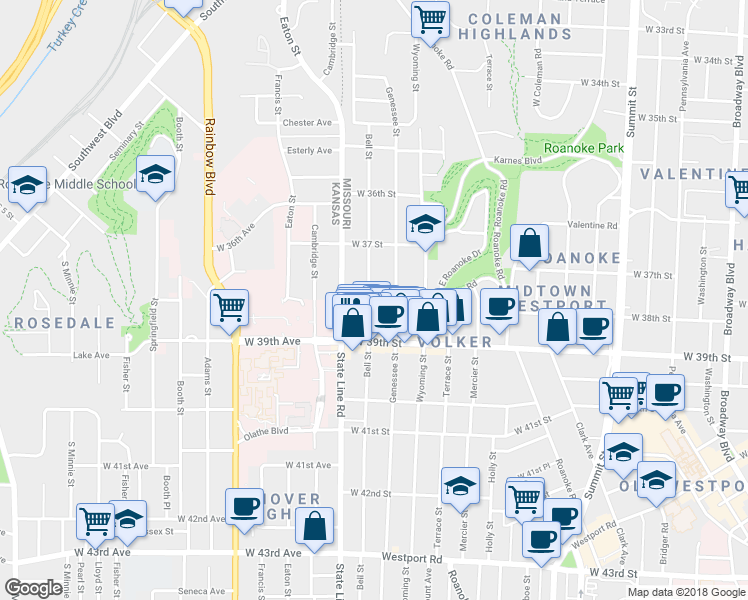 map of restaurants, bars, coffee shops, grocery stores, and more near 3806 Bell Street in Kansas City