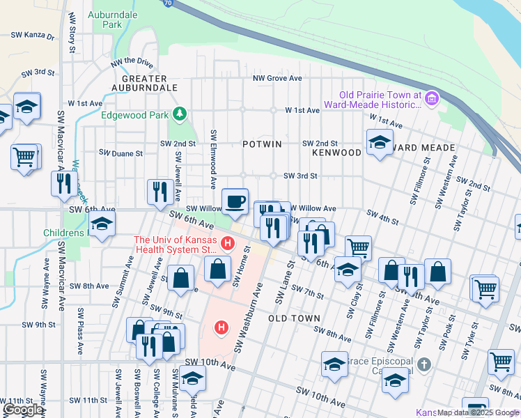 map of restaurants, bars, coffee shops, grocery stores, and more near 501-515 SW Horne St in Topeka