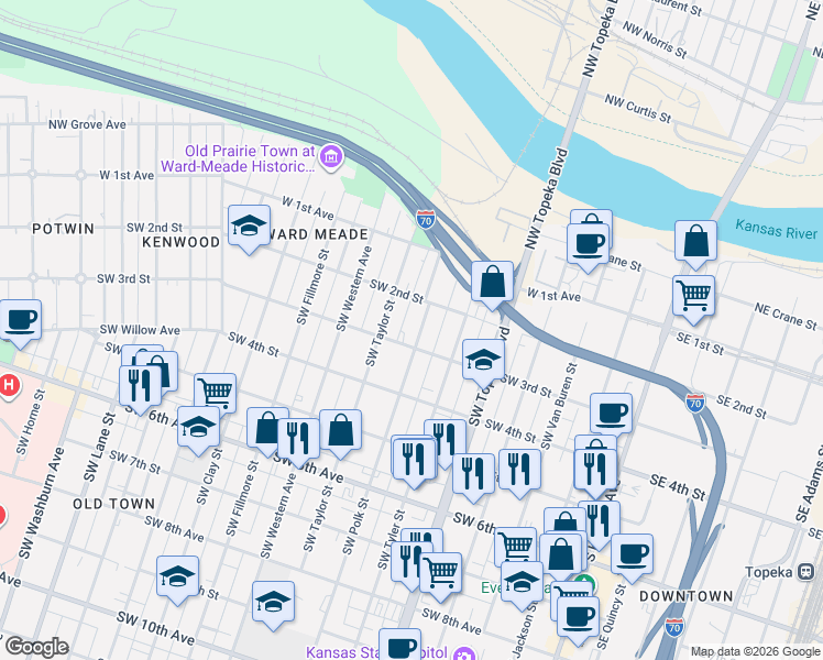 map of restaurants, bars, coffee shops, grocery stores, and more near 706 Southwest 3rd Street in Topeka