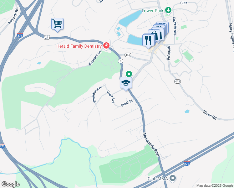 map of restaurants, bars, coffee shops, grocery stores, and more near 32 Woodfill Avenue in Fort Thomas