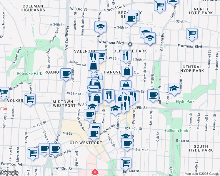 map of restaurants, bars, coffee shops, grocery stores, and more near 3744 Wyandotte Street in Kansas City