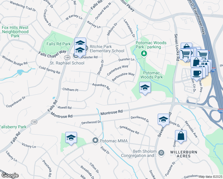 map of restaurants, bars, coffee shops, grocery stores, and more near 8301 Aqueduct Road in Rockville