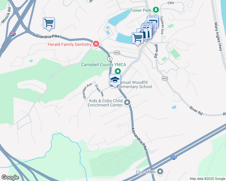 map of restaurants, bars, coffee shops, grocery stores, and more near 1025 Alexandria Pike in Fort Thomas