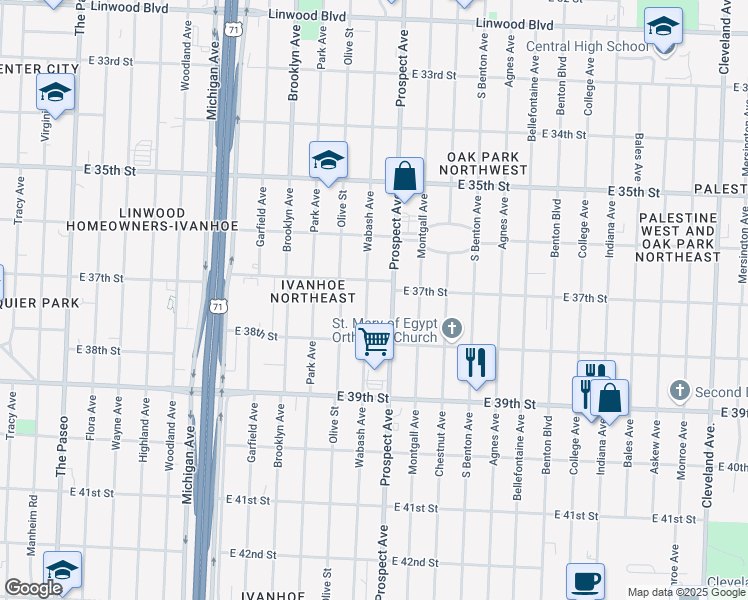 map of restaurants, bars, coffee shops, grocery stores, and more near 3723 Wabash Avenue in Kansas City