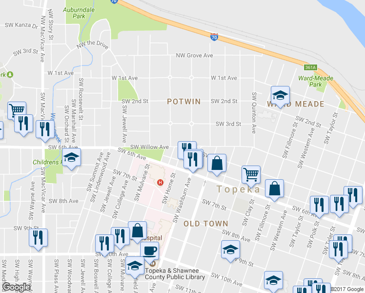 map of restaurants, bars, coffee shops, grocery stores, and more near Southwest Willow Avenue in Topeka
