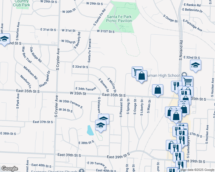 map of restaurants, bars, coffee shops, grocery stores, and more near 12905 East McCoy Street in Independence