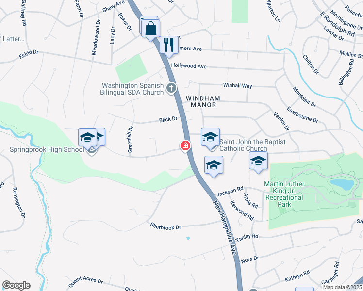 map of restaurants, bars, coffee shops, grocery stores, and more near 610 Valley Brook Drive in Silver Spring