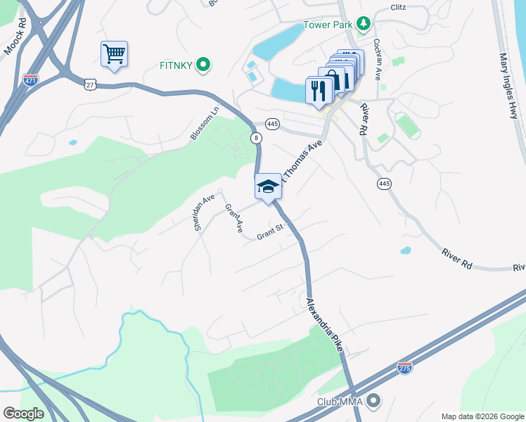 map of restaurants, bars, coffee shops, grocery stores, and more near 1025 Alexandria Pike in Fort Thomas