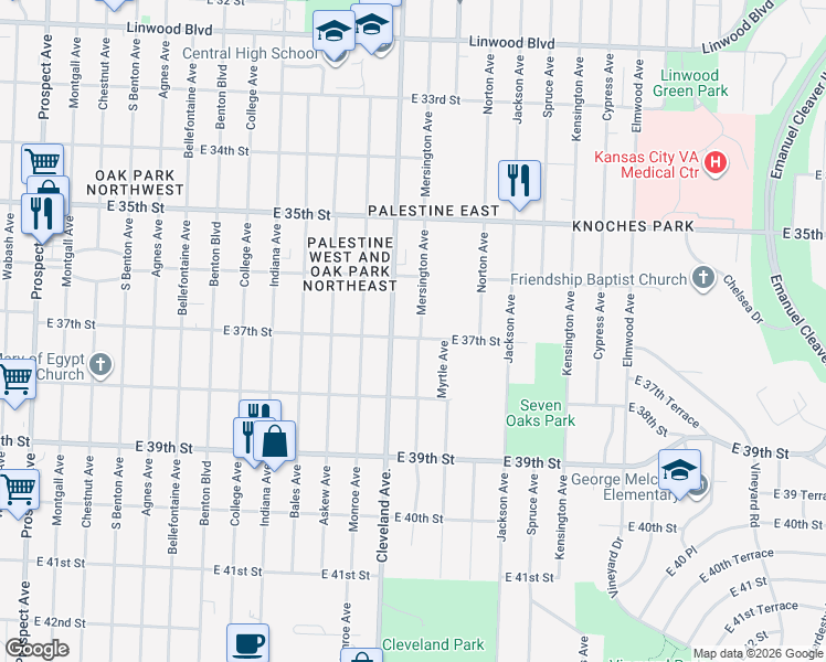map of restaurants, bars, coffee shops, grocery stores, and more near 3813 East 37th Street in Kansas City