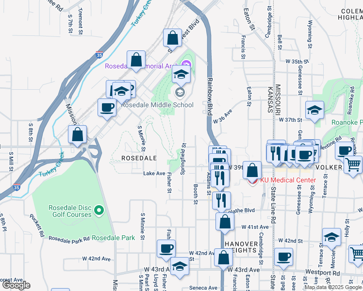 map of restaurants, bars, coffee shops, grocery stores, and more near 3748 Springfield Street in Kansas City