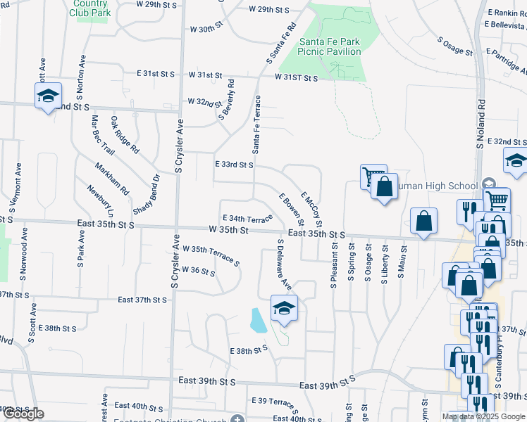 map of restaurants, bars, coffee shops, grocery stores, and more near 12606 East 34th Terrace in Independence