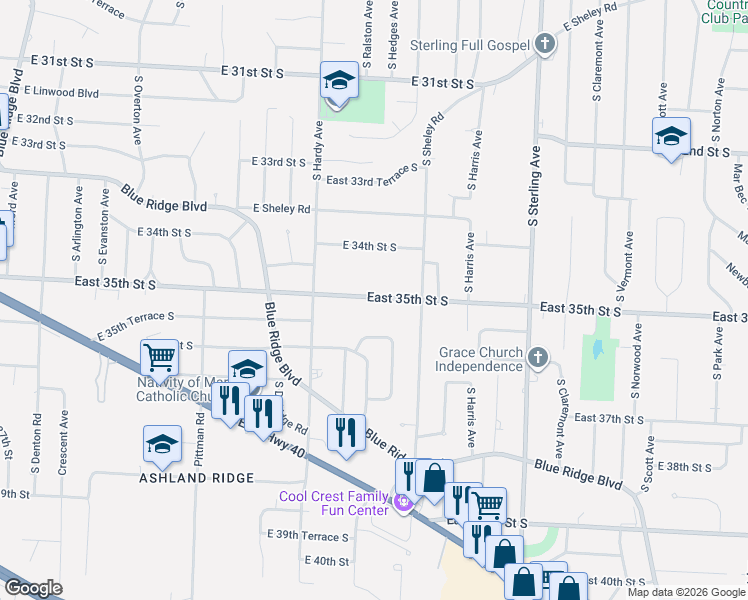map of restaurants, bars, coffee shops, grocery stores, and more near 10517 East 35th Street South in Independence