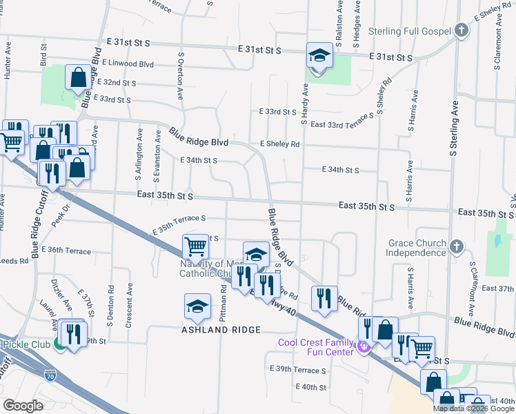 map of restaurants, bars, coffee shops, grocery stores, and more near 10012 East 35th Terrace South in Independence