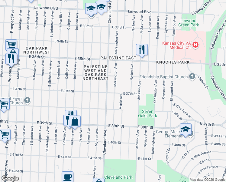 map of restaurants, bars, coffee shops, grocery stores, and more near 3813 East 37th Street in Kansas City