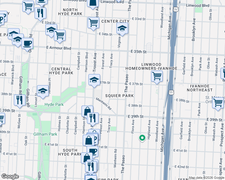 map of restaurants, bars, coffee shops, grocery stores, and more near 3724 Virginia Avenue in Kansas City