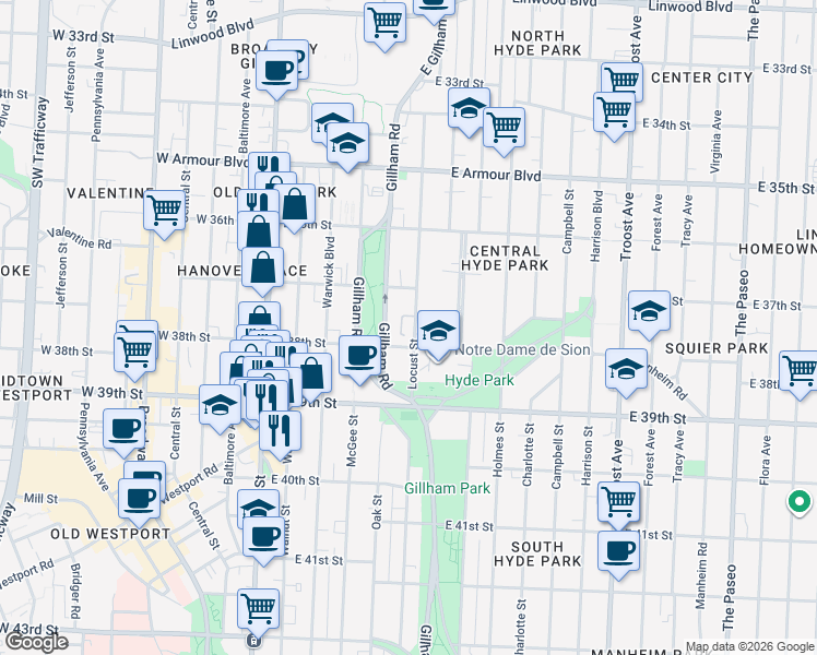 map of restaurants, bars, coffee shops, grocery stores, and more near 3724 Locust Street in Kansas City