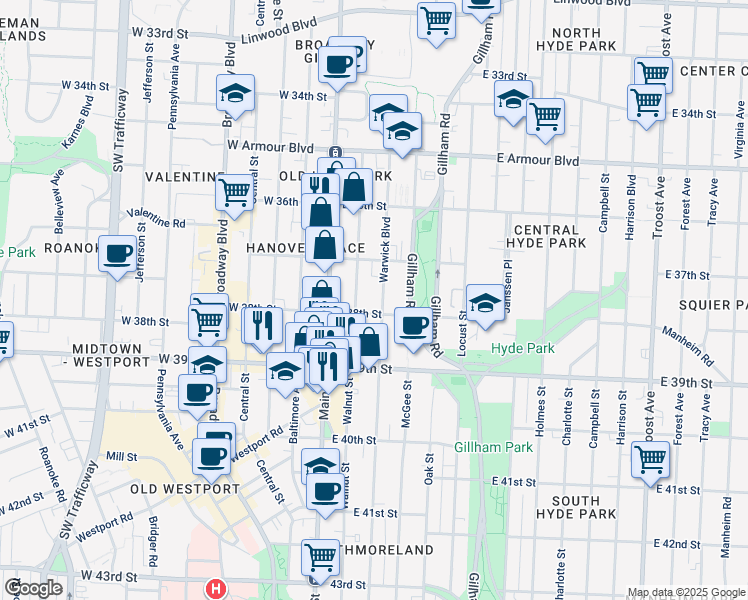 map of restaurants, bars, coffee shops, grocery stores, and more near 3740 Warwick Boulevard in Kansas City