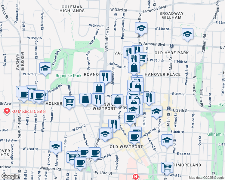 map of restaurants, bars, coffee shops, grocery stores, and more near 3724 Jefferson Street in Kansas City