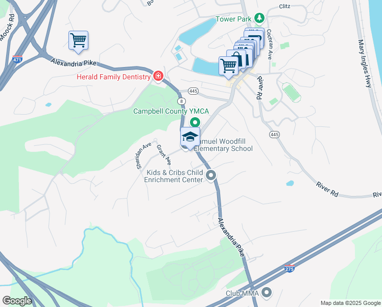 map of restaurants, bars, coffee shops, grocery stores, and more near 1025 Alexandria Pike in Fort Thomas