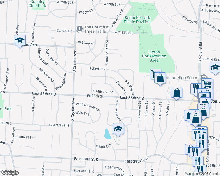 map of restaurants, bars, coffee shops, grocery stores, and more near 12606 East 34th Terrace in Independence