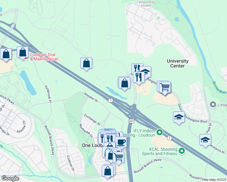 map of restaurants, bars, coffee shops, grocery stores, and more near 20135 Lakeview Center Plaza in Ashburn
