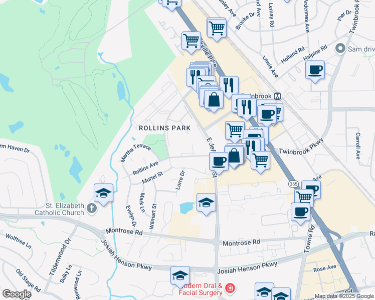 map of restaurants, bars, coffee shops, grocery stores, and more near 255 Rollins Avenue in Rockville