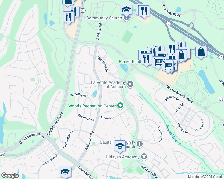 map of restaurants, bars, coffee shops, grocery stores, and more near 44053 Ferncliff Terrace in Ashburn