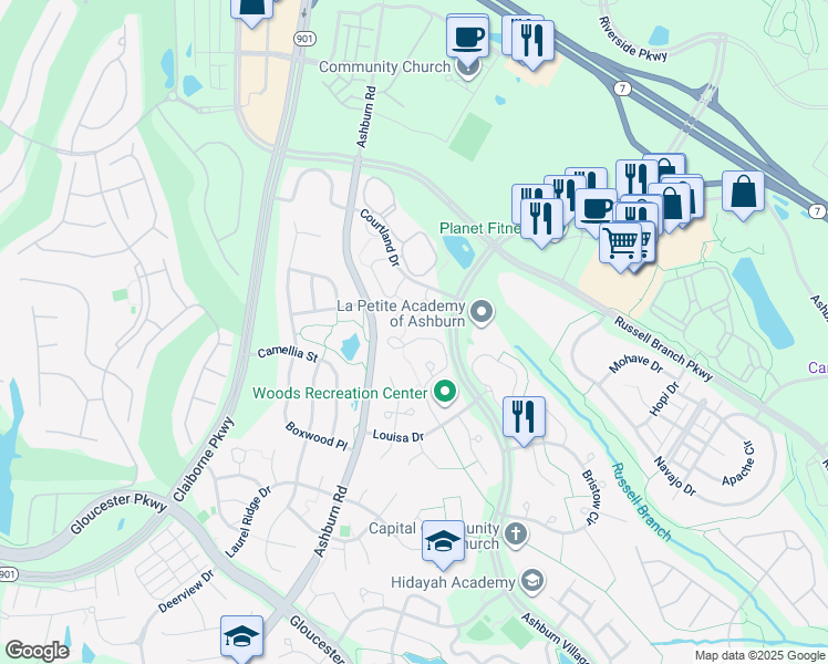 map of restaurants, bars, coffee shops, grocery stores, and more near 44053 Ferncliff Terrace in Ashburn