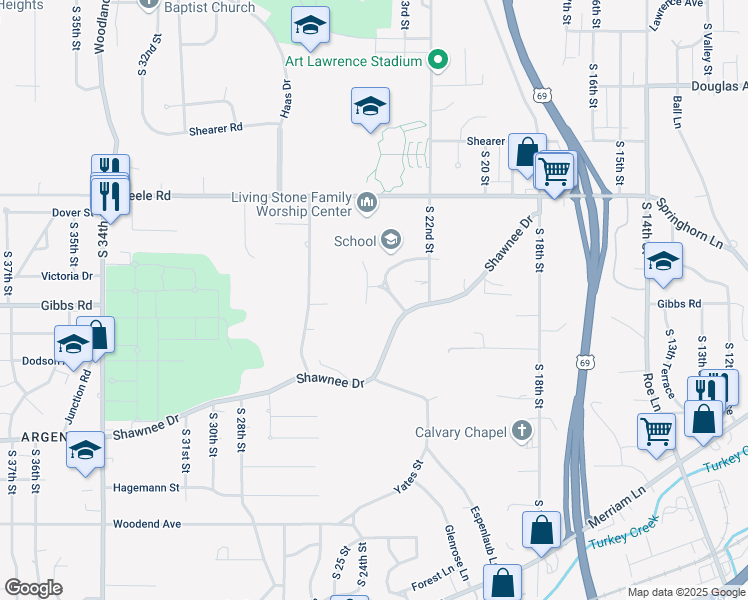 map of restaurants, bars, coffee shops, grocery stores, and more near 2417 South 24th Street in Kansas City